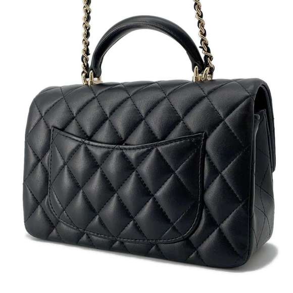 Chanel Shoulder Black Top Mini Handle Flap Lambskin Bag Matelasse - Picture 1 of 16